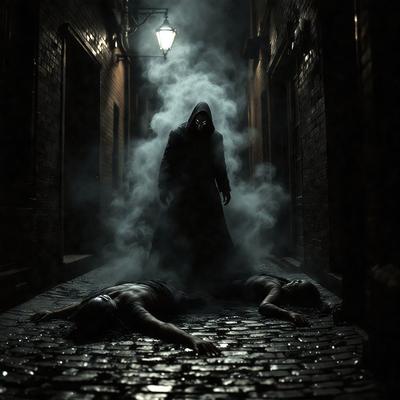 The primary subject of the image is a man dressed in a black robe, standing over two people lying on the ground. The setting appears to be a dark alley, with a brick wall visible in the background. The visual style of the image is a black and white photo, which adds a dramatic and mysterious atmosphere to the scene. The dominant colors are black and white, with the man's robe being the only color visible. The overall mood of the image is eerie and suspenseful.